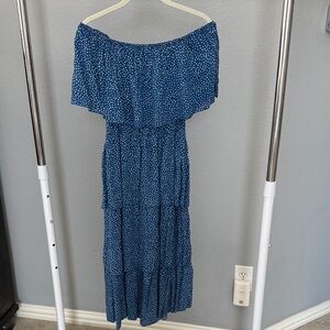 Blue Off-Shoulder Polka Dot Dress